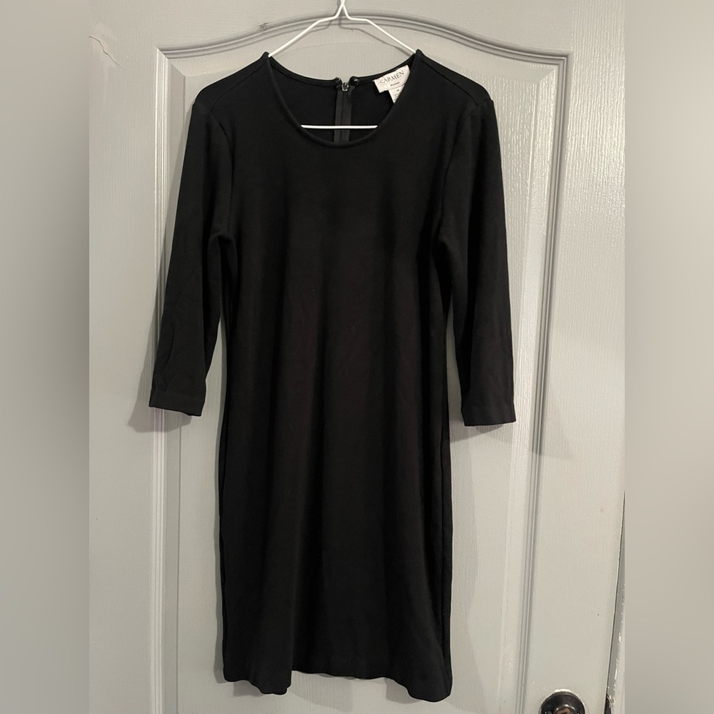 Carmen Marc Valvo Black Sheath Midi Dress Crew Neck Long Sleeve